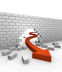 3D Red Arrow Breaking Through A Brick Wall