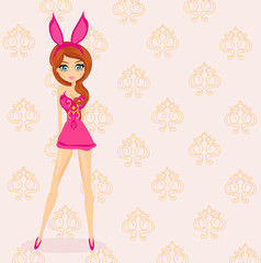 Beautiful pin-up girl-bunny in retro style on the abstract back