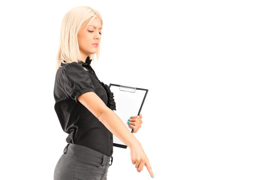 A brutal woman manager gesturing with her finger