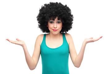Woman with afro expressing confusion