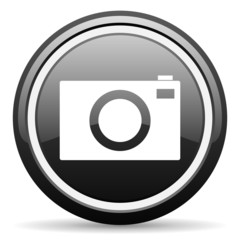 camera black glossy icon on white background