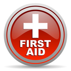 first aid red glossy icon on white background