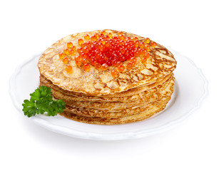 Stack of pancakes with salmon caviar