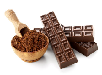 chocolate bars with cocoa powder isolated on white