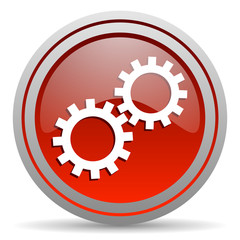 gears red glossy icon on white background