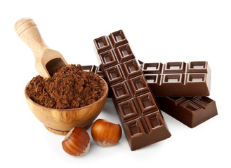 chocolate bars with cocoa powder isolated on white