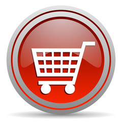 shopping cart red glossy icon on white background