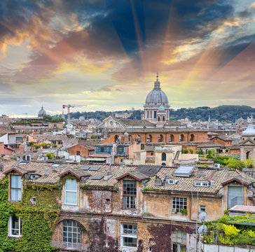 Wonderful view of Rome at sunset with St Peter Cathedral