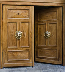 Opened door with ancient style carved knocker
