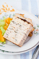 Chicken galantine stuffed with pancakes