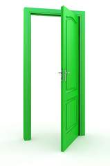 Green door standing free on a white floor