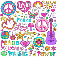 Peace Love Music Groovy Notebook Doodles Vector Set