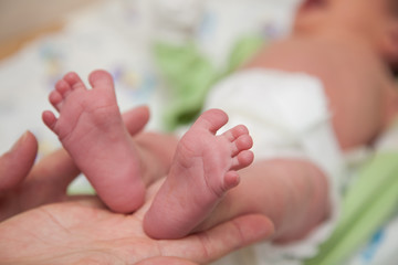 Obraz na płótnie Canvas Baby feet in the hands of an adult