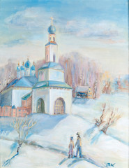 Winter landscape with a temple