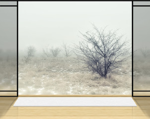 Zen room with Lonely tree in fog background