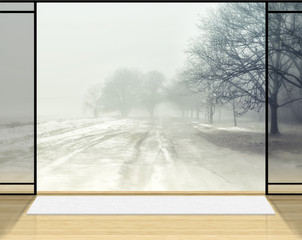 Naklejka premium Zen room with Lonely tree in fog background