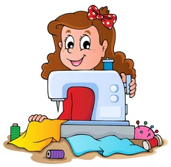 Abwaschbare Fototapete Für Kinder Cartoon-Mädchen mit Nähmaschine