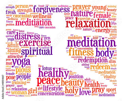 "Wordcloud with conceptual yoga step search related words" Stock photo