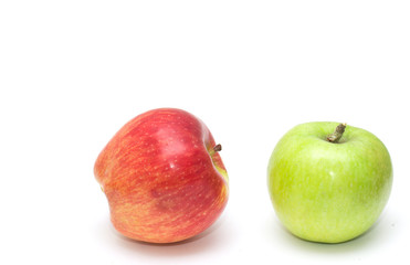 Red and green apple on a white background