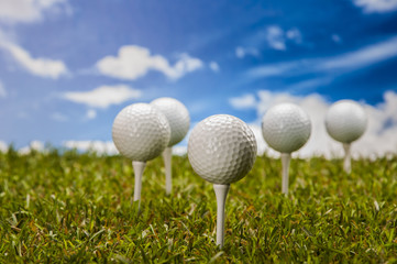 Golf equipment on green grass, golf field