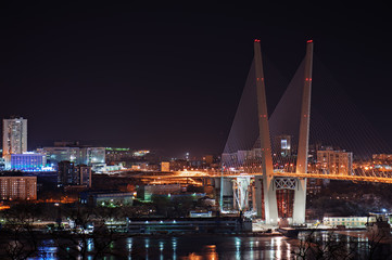 Fototapeta na wymiar nocny widok z mostu w rosyjskim Władywostoku nad Gol