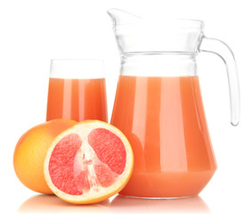 Full glass and jug of grapefruit juice and grapefruits isolated