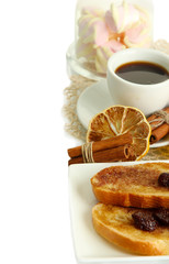 White bread toast with jam and cup of coffee, isolated on white