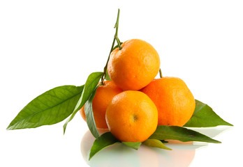 Ripe sweet tangerines with leaves, isolated on white