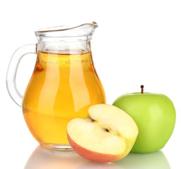 Full jug of apple juice and apple isolated on white