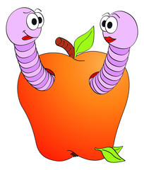 Uśmiechnięte robaczki w jabłku - wektor ilustracja na białym tle