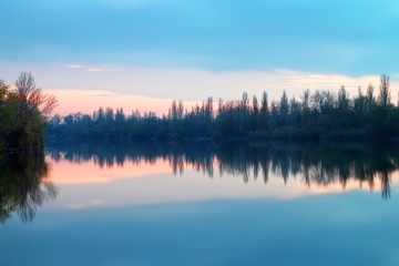 Evening scene on river. Nature composition.