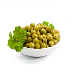 Green mung beans in bowl  isolated on white