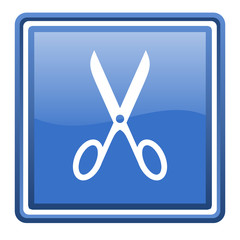scissors blue glossy square web icon isolated