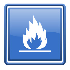 flames blue glossy square web icon isolated