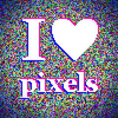 "I love pixels" illustration. White noise background