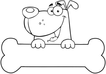 Outlined Cartoon Dog Over Bone Banner
