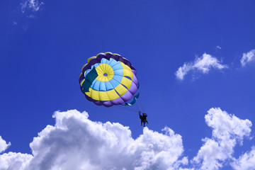 Tandem de parachute contre le ciel bleu