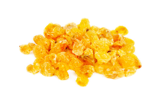 Golden raisins close- up isolated  on  white background