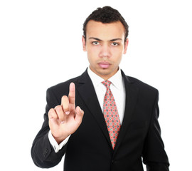 A businessman showing something isolated on white background