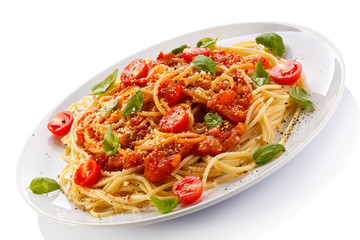 Pasta with meat, tomato sauce, parmesan and vegetables