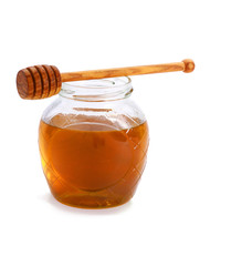 Honey with wood stick , isolated on white background