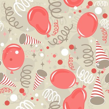 balony serpentyny confetti czerwień beż nieskończony deseń