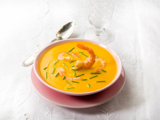 pumpkin soup with shrimp and chive