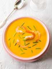 pumpkin soup with shrimp and chive