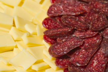Sliced meat appetizers and cheese in plate