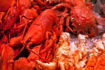 Crabs and lobsters on ice.