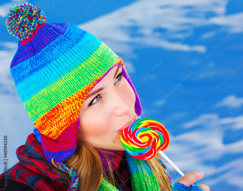 Canvas Prints Woman with lollipop outdoors