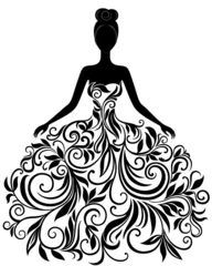 Crédence de cuisine en verre imprimé Femme fleurs Silhouette vecteur de jeune femme en robe