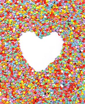 love, heart on rainbow confetti background, wedding, birthday holiday, carnival party, entertainment diversity
