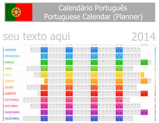 2014 Portugese Planner Calendar with Horizontal Months